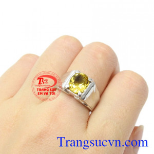 Nhẫn nam vàng trắng thạch anh vàng đẹp mệnh Thổ và Kim