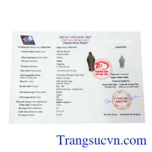 Mặt saphir Đức mẹ cầu nguyện có giấy kiểm định đá quý.