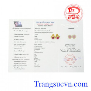 Hoa tai ruby nữ hoàng có giấy kiểm định đá quý.