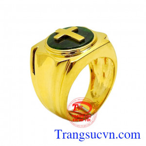 Nhẫn nam vàng Jadeite thánh giá được chế tác tỉ mỉ, kiểu dáng hiện đại, nam tính,Nhẫn nam vàng Jadeite thánh giá