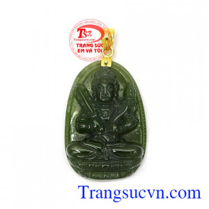 Phật bản mệnh nephrite Sửu Dần gắn móc vàng 18k bền đẹp, chất lượng