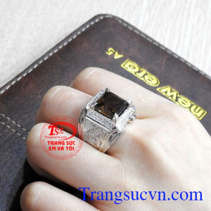 Nhẫn bạc nam thạch anh khói long phụng