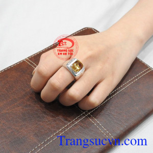 Nhẫn bạc thạch anh vàng phái mạnh