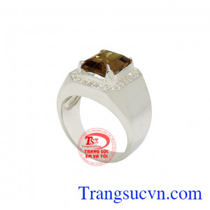 Nhẫn bạc thạch anh vàng thiên nhiên kiểu dáng đơn giản, nam tính và hợp thời trang. 