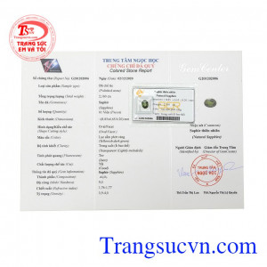 Viên saphir bình an có giấy kiểm định đá quý.