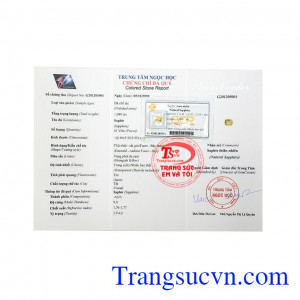 Viên saphir vàng thịnh vượng có giấy kiểm định đá quý.