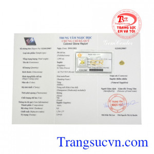 Viên sapphire vàng ép vỉ phát lộc có giấy kiểm định đá quý.