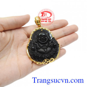 Sản phẩm được bọc vàng tây 10k giúp bền đẹp hơn. Mặt phật di lặc bọc vàng hoan hỉ