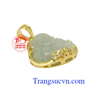 Chi tiết đồng kim tiền kết hợp vàng bọc mặt ngọc giúp cho sản phẩm sang trọng và hợp phong thủy. Mặt phật di lặc jadeite phát tài