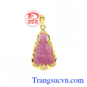 Mặt Phật Quan Âm cát tường chế tác bằng ruby thiên nhiên bọc vàng 14k chạm khắc đẹp, chất lượng cao