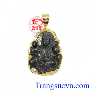 Mặt Phật Bà Sapphire Thịnh Vượng bọc vàng 14k chạm khắc đẹp, chất lượng cao