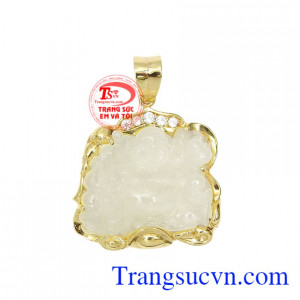 Mặt Phật Di Lặc Bọc Vàng An Khang chạm khắc bằng đá sapphire thiên nhiên màu sắc đẹp, chất lượng đá đảm bảo