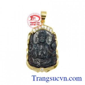 Mặt Phật Quan Âm Sapphire Bình An bọc vàng 14k chạm khắc tinh xảo, sắc nét