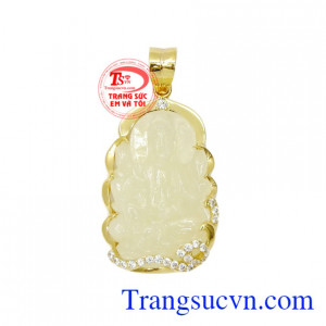 Phật Quan Âm Sapphire Hiền Từ bọc vàng 14k chạm khắc tinh xảo, sắc nét