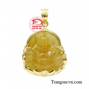 Mặt dây Di Lặc thạch anh tóc bọc vàng 14k sắc nét dành cho phái mạnh