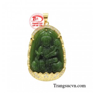 Phật bản mệnh tuổi thìn tỵ chế tác bằng ngọc Nephrite thiên nhiên bọc vàng 10k chất lượng, tinh xảo