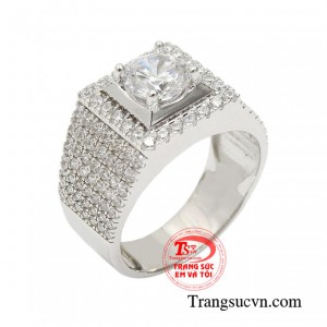 Nhẫn vàng trắng nam cá tính 18k đính đá CZ lấp lánh, tinh xảo