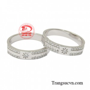 Nhẫn cưới kim cương đẳng cấp vàng trắng 18k cao cấp, thiết kế tinh xảo