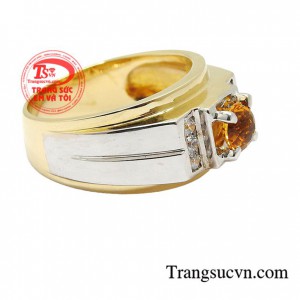 Nhẫn nam vàng màu tinh tế gắn đá thạch anh vàng thiên nhiên, mang lại may mắn, chiêu tài lộc, phú quý