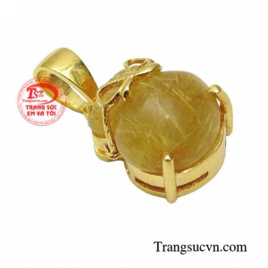 Mặt thạch anh tóc chạm khắc bọc vàng 18k