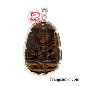 Mặt phật bản mệnh bọc bạc được chạm khắc tỉ mỉ hình tượng Phật Hư Không Tạng Bồ Tát trên nền chất liệu đá mắt hổ thiên nhiên.