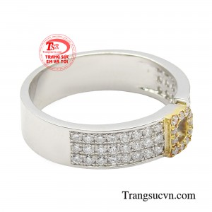 Dải kim cương tấm bao bọc một nửa đai nhẫn tạo nên vẻ đẹp thanh tú, nữ tính.