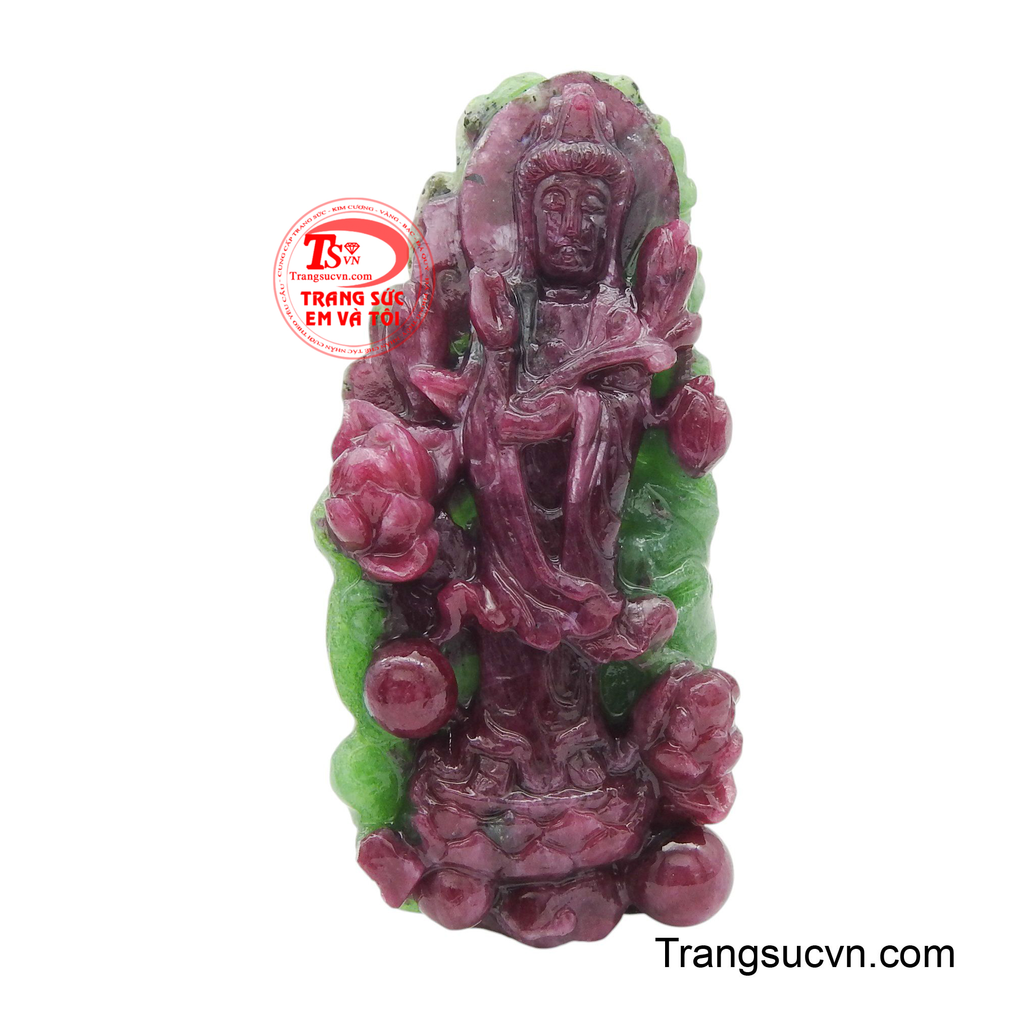 Mặt ruby phật bà quan âm được chế tác tinh xảo từ đá ruby tự nhiên, toát lên vẻ đẹp trang nghiêm và thanh tịnh.
