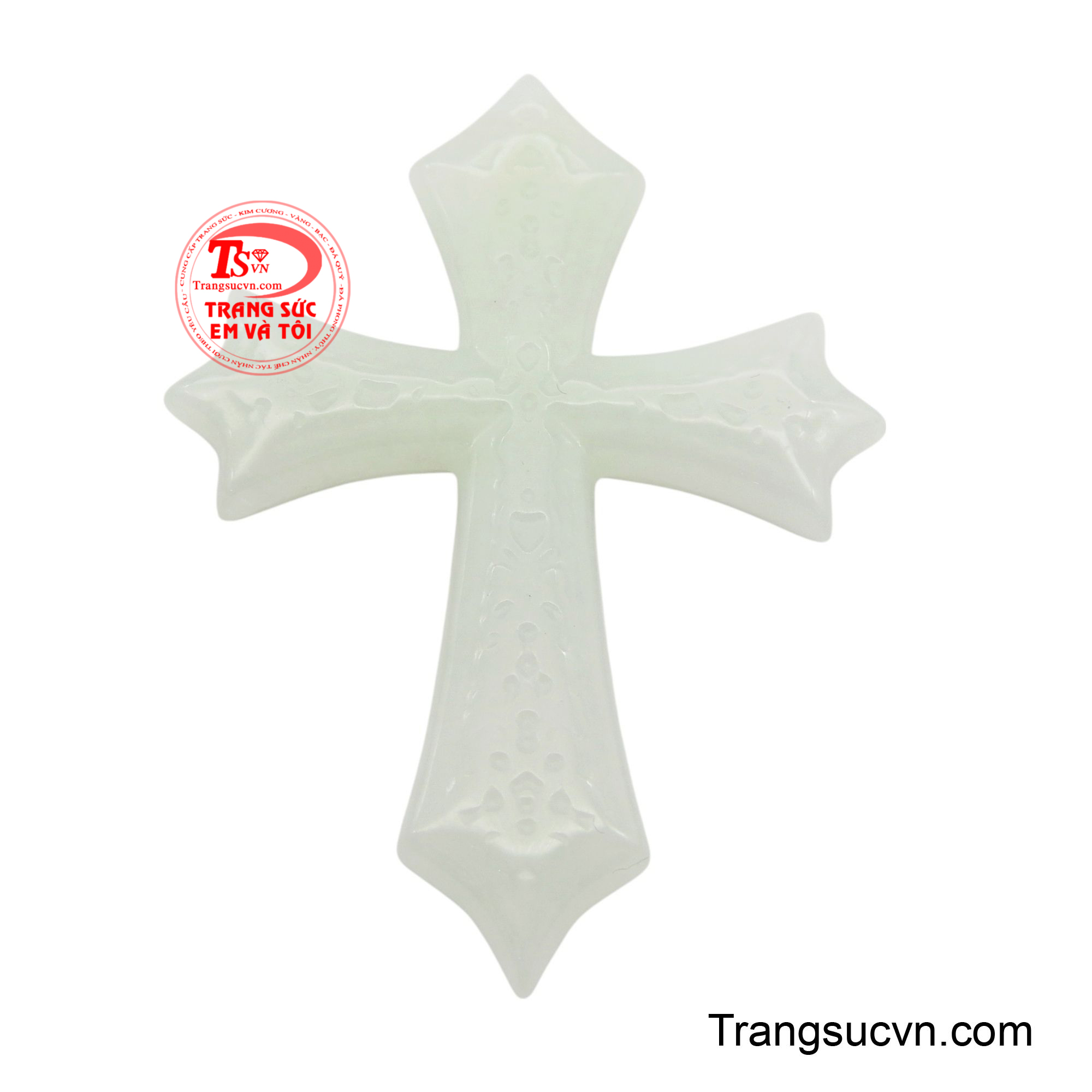 Mặt thánh giá ngọc bình an được chế tác tinh xảo từ ngọc có màu trắng ngà, bán trong hoặc hơi ngả xanh nhạt, toát lên vẻ đẹp thanh khiết và bình an.