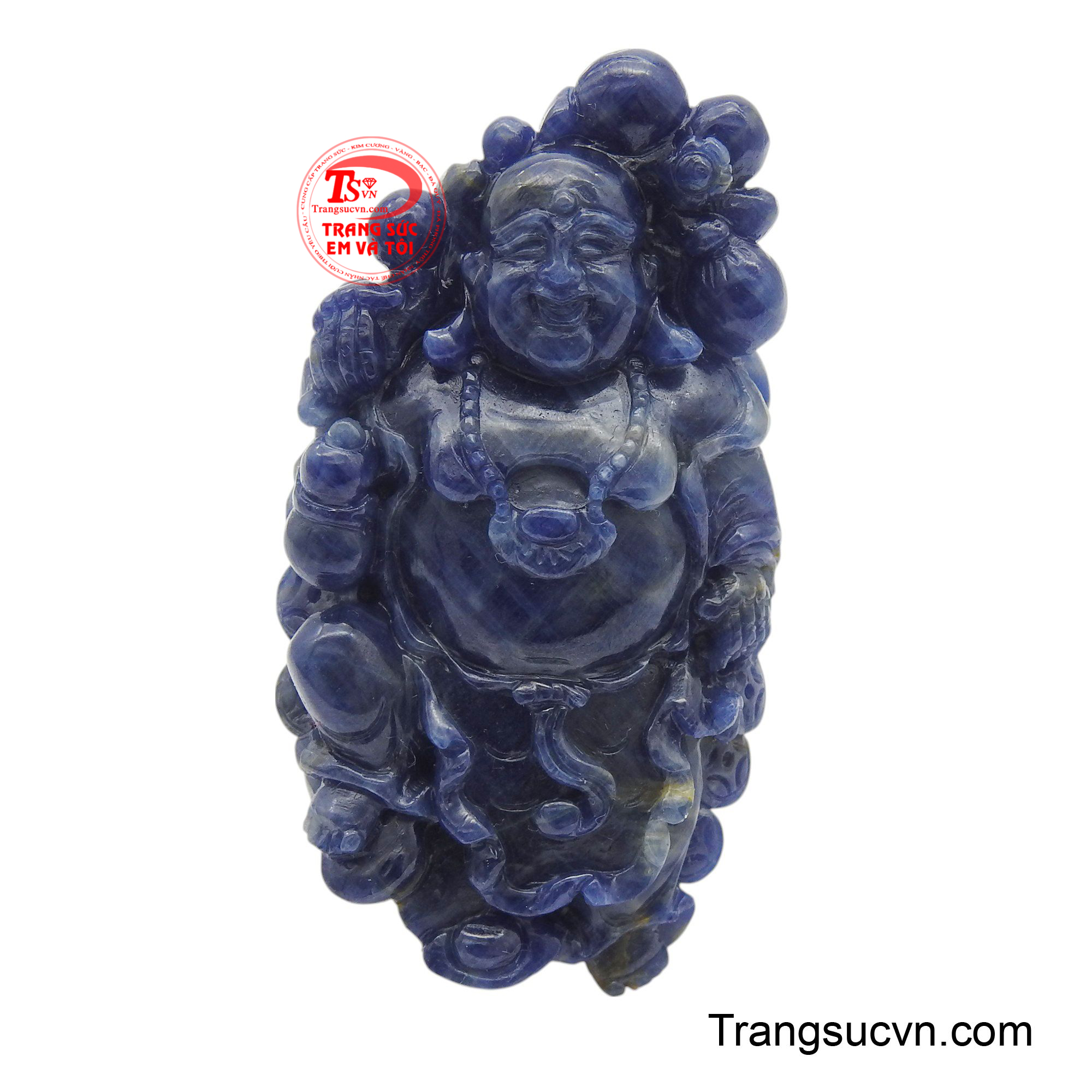 Mặt Phật Di Lặc đá Sapphire được chế tác khéo léo từ khối đá sapphire nguyên khối, mang sắc xanh thẫm.