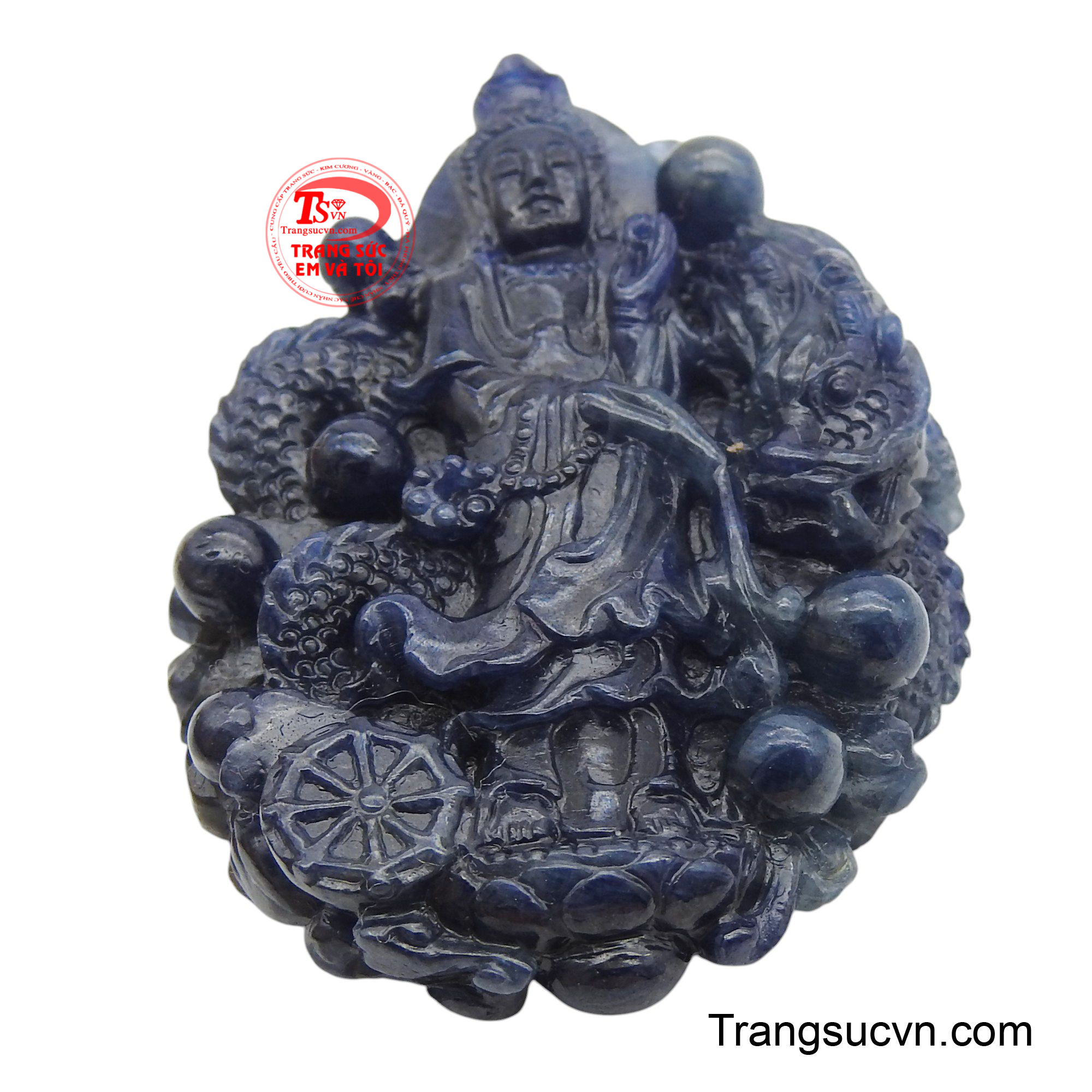Ngài Quan Âm hiện lên với vẻ mặt từ bi, dáng đứng uyển chuyển trên đài sen, phía sau là hình ảnh rồng thiêng uốn lượn, biểu trưng cho sự che chở và phù hộ.