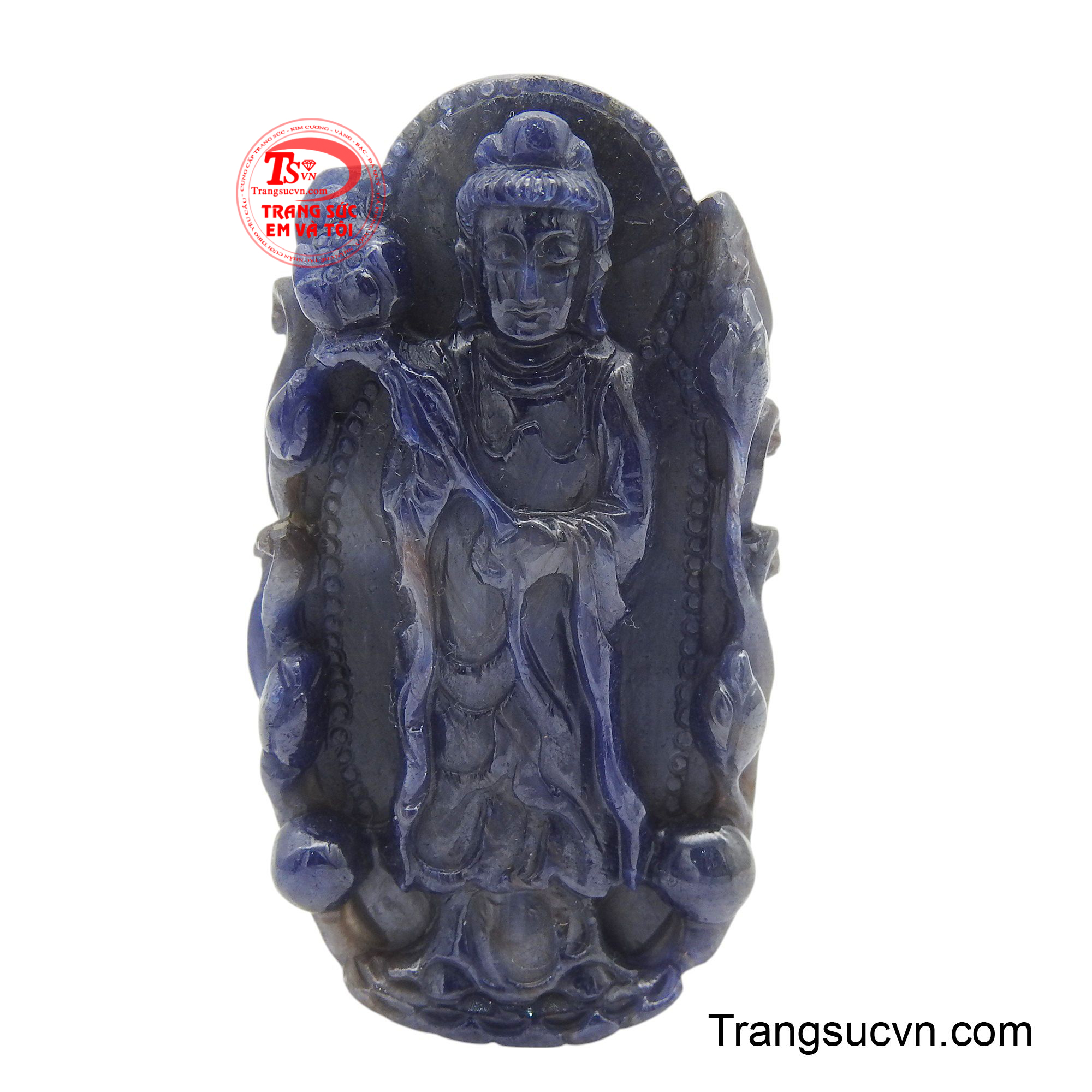 Phật Quan Âm Sapphire an lạc được điêu khắc tinh xảo từ sapphire tự nhiên, toát lên vẻ an lạc và thanh tịnh.