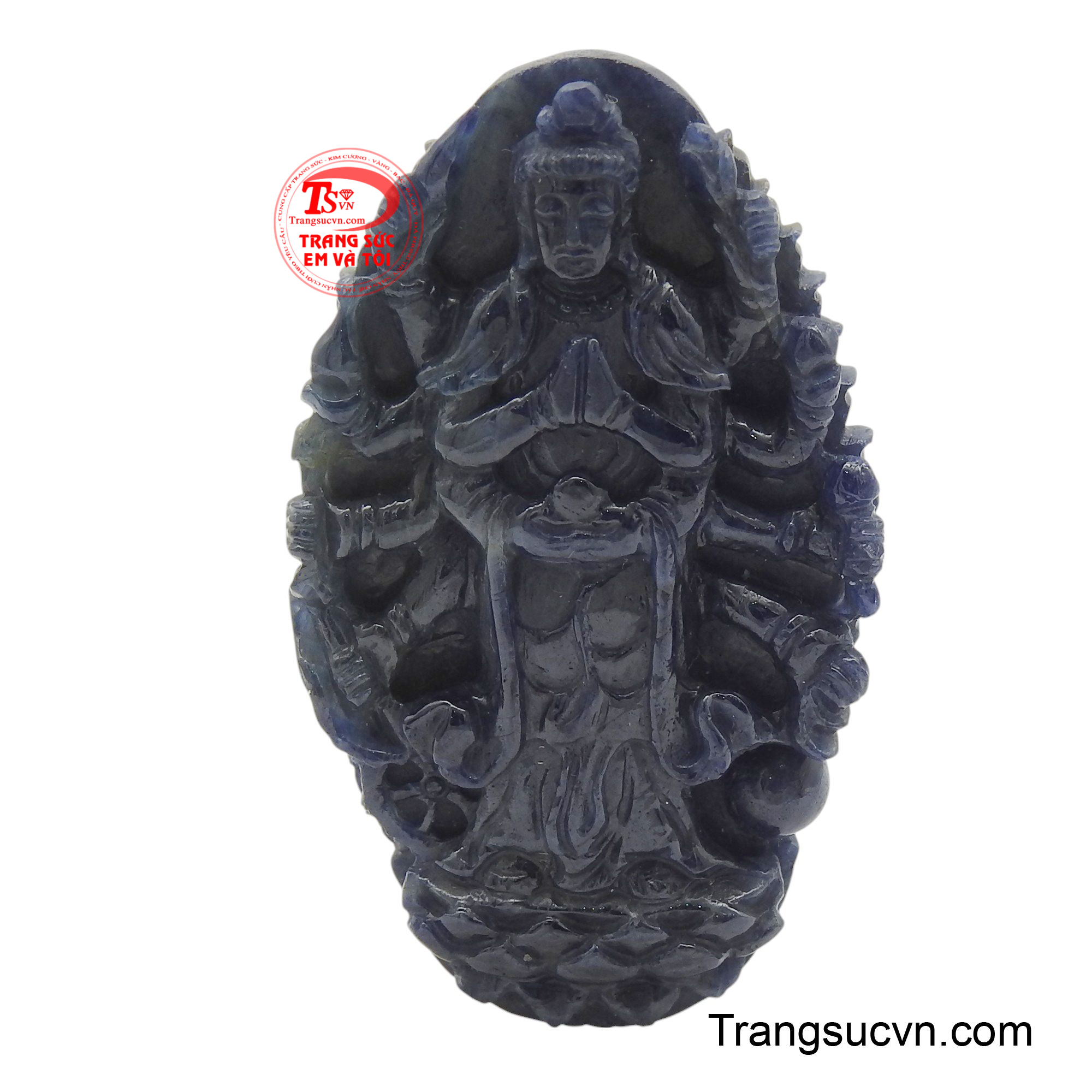 Phật Thiên thủ thiên nhãn sapphire từ bi được chế tác tinh xảo từ sapphire thiên nhiên, tỏa sáng với vẻ đẹp huyền bí và sâu lắng.