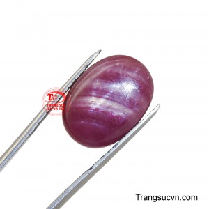 Với hình dáng oval mềm mại, viên đá ruby tỏa ra một sắc đỏ hồng rực rỡ, lấp lánh như ngọn lửa.