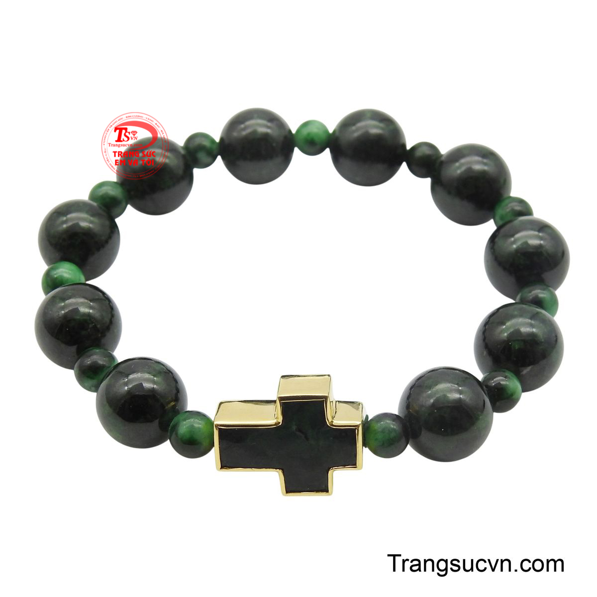 Chuỗi Ngọc thánh giá bọc vàng 18K được xâu chuỗi từ các hạt Ngọc có màu xanh đậm, thể hiện sự bình an và năng lượng tích cực.