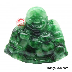 Mặt Di Lặc Ngọc an nhiên được chế tác từ Ngọc Jadeite tự nhiên, màu xanh lục đậm nhạt xen kẽ, viên ngọc mang năng lượng trường thọ.