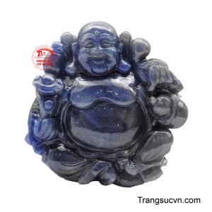 Mặt phật di lặc hỷ phúc được chế tác tinh xảo từ một khối đá quý Sapphire có màu xanh đậm và huyền bí.
