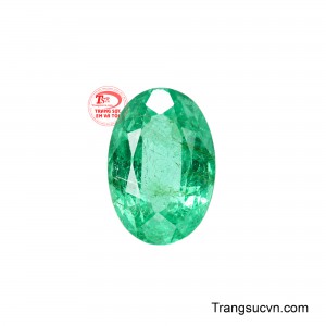 Viên Emerald Thanh Uyên là sự hòa quyện giữa sắc xanh lục thanh khiết và đường nét mềm mại của kiểu cắt oval kinh điển, tạo nên vẻ đẹp trang nhã nhưng đầy cuốn hút. 