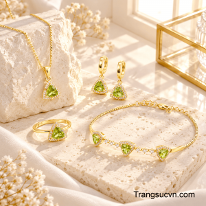 Bộ Trang Sức Peridot Kiều Diễm không chỉ là điểm nhấn hoàn thiện phong cách mà còn tôn vinh vẻ đẹp tinh tế, duyên dáng và sức hút riêng của phái đẹp.