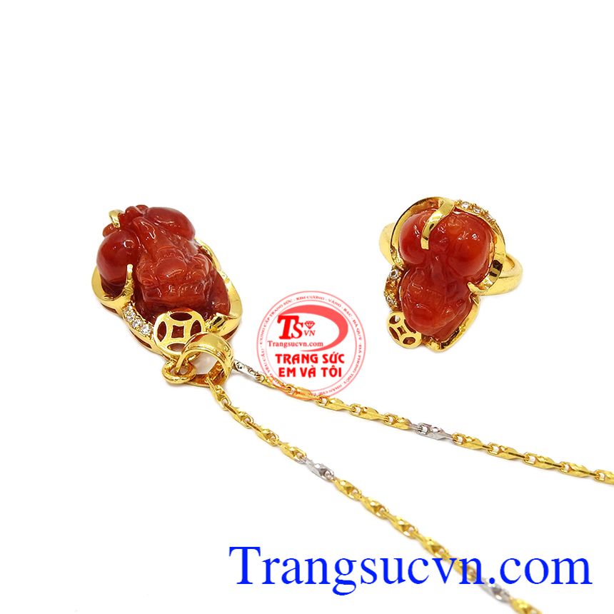 Bộ trang sức tỳ hưu 14k may mắn,Mặt dây vàng đá quý,Bộ trang sức nữ