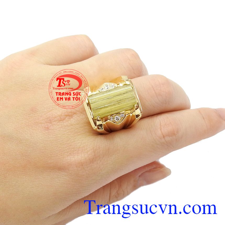 Nhẫn nam thạch anh tóc 14k độc đáo,Nhẫn nam đẹp,Nhẫn nam vàng tây