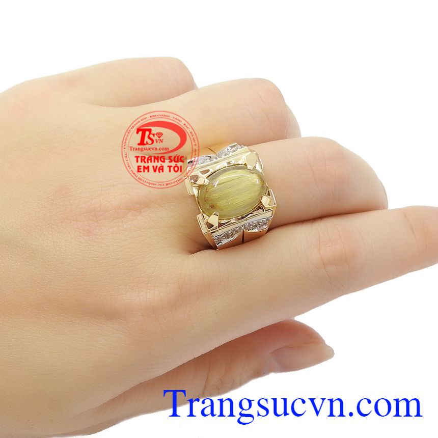 Nhẫn nam thạch anh tóc 14k nam tính,Nhẫn nam đá quý,Nhẫn nam đẹp