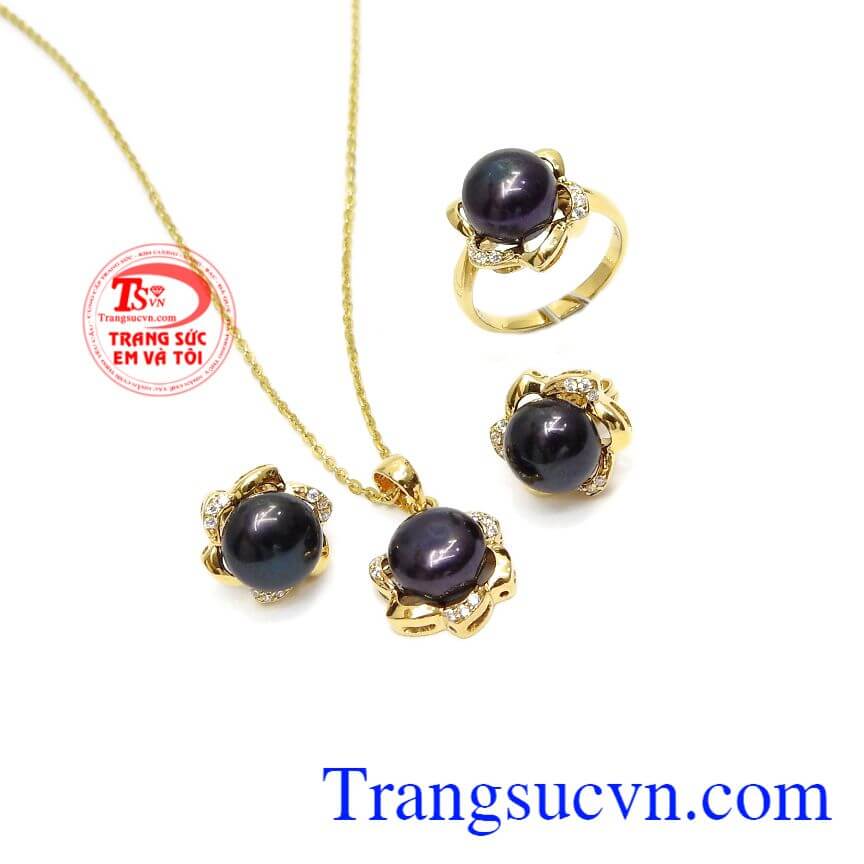 Bộ nữ trang ngọc trai đen tinh tế, trang sức bộ, măt dây đá quý