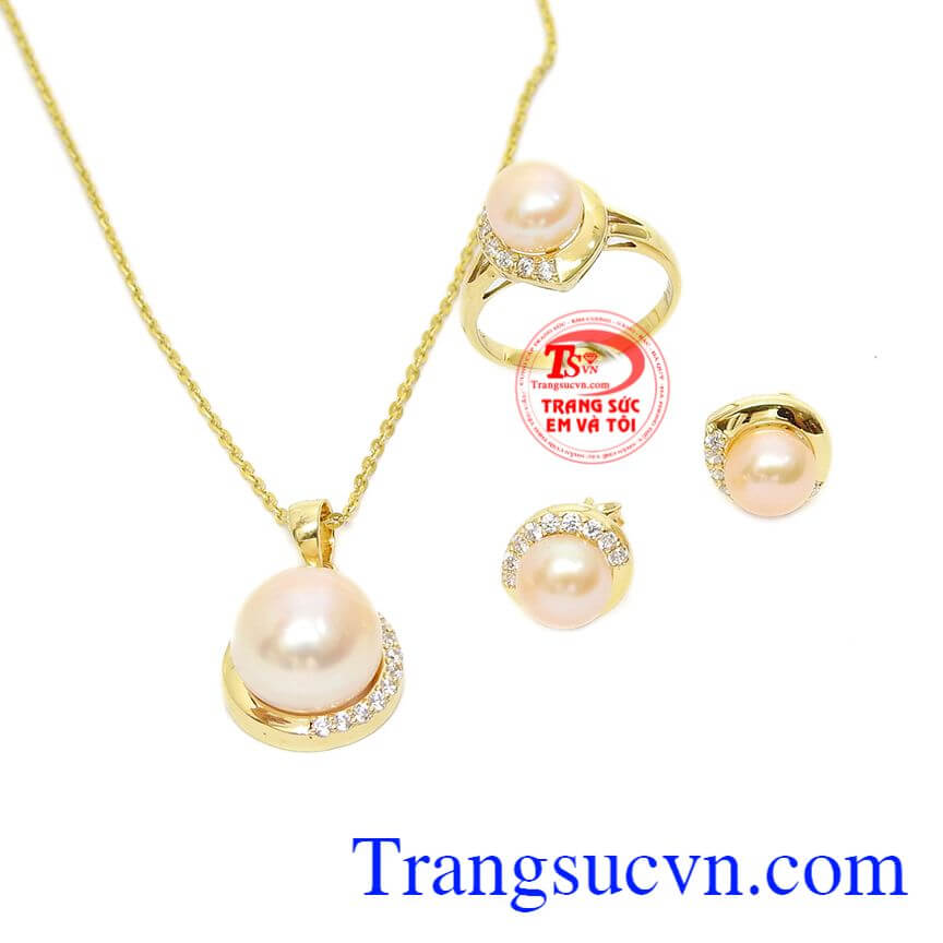 Bộ nữ trang ngọc trai hồng vàng 14k, bộ trang sức, mặt dây vàng đá quý