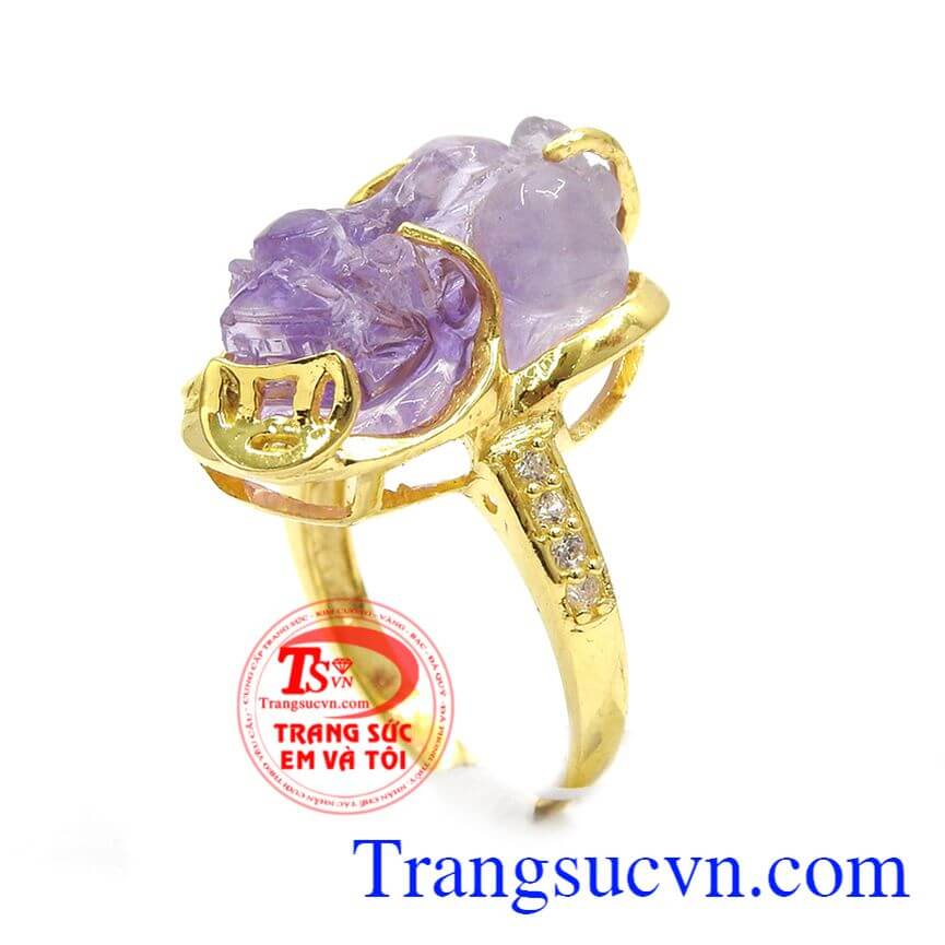 Nhẫn nữ Tỳ Hưu bọc vàng đẹp, Nhẫn Thạch Anh Tím bọc vàng, Nhẫn nữ đẹp