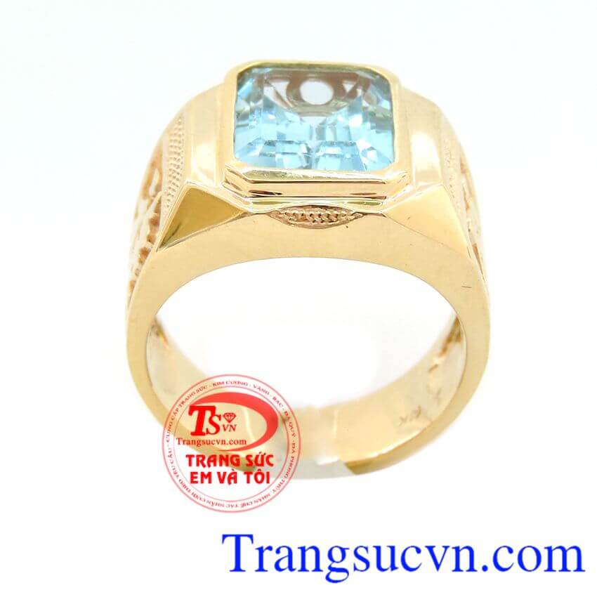 Nhẫn chữ Phúc topa may mắn, Nhẫn nam Topaz, nhẫn nam đá quý thời trang