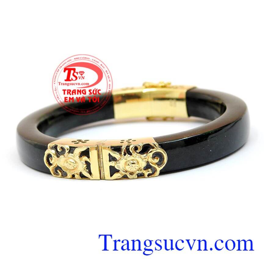 Vòng ngọc bọc vàng hoa văn, Vòng tay đá cẩm thạch thiên nhiên, Vòng tay vàng  quý phái.