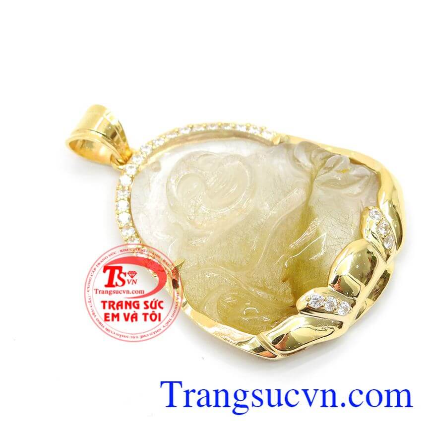 Mặt phật Di lặc thạch anh tóc xanh rêu, Mặt dây sang trọng, Mặt dây cẩm thạch đẹp.