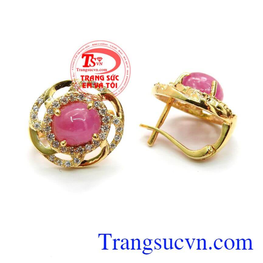 Hoa tai ngọc Ruby thiên nhiên bọc vàng, Hoa tai đá ruby thiên nhiên đẹp, Hoa tai đá quý sang trọng.