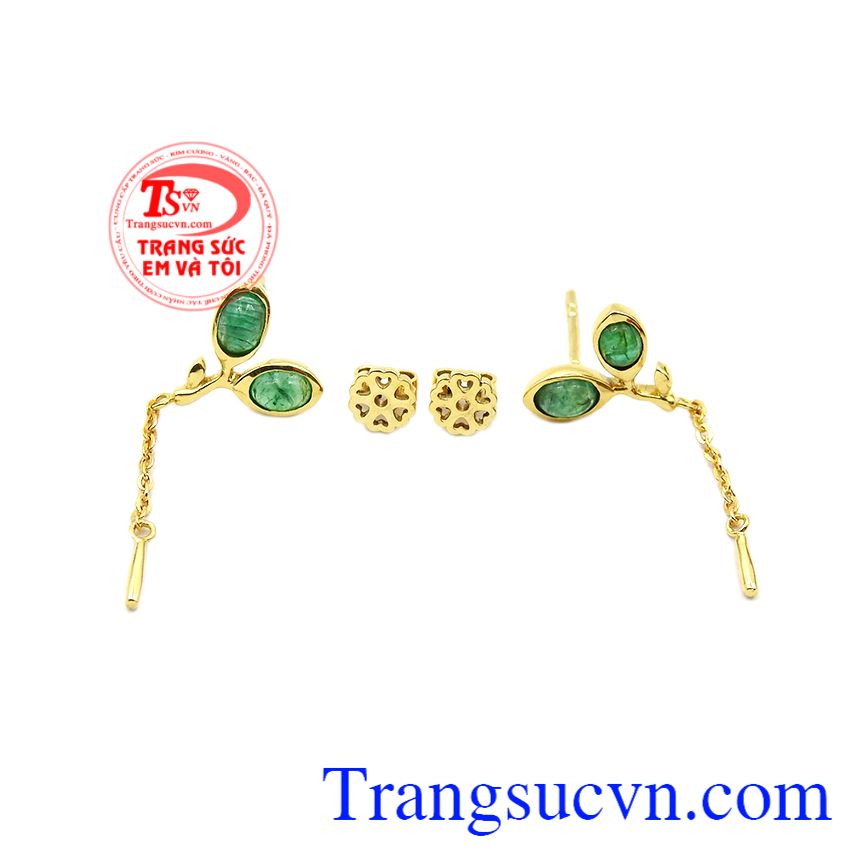 Hoa tai emerald thiên nhiên đẹp, Hoa tai đá quý, Hoa tai nữ vàng quý phái