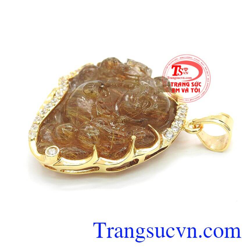 Mặt phật di lặc thạch anh tóc đẹp, mặt dây vàng tây, thạch anh tóc